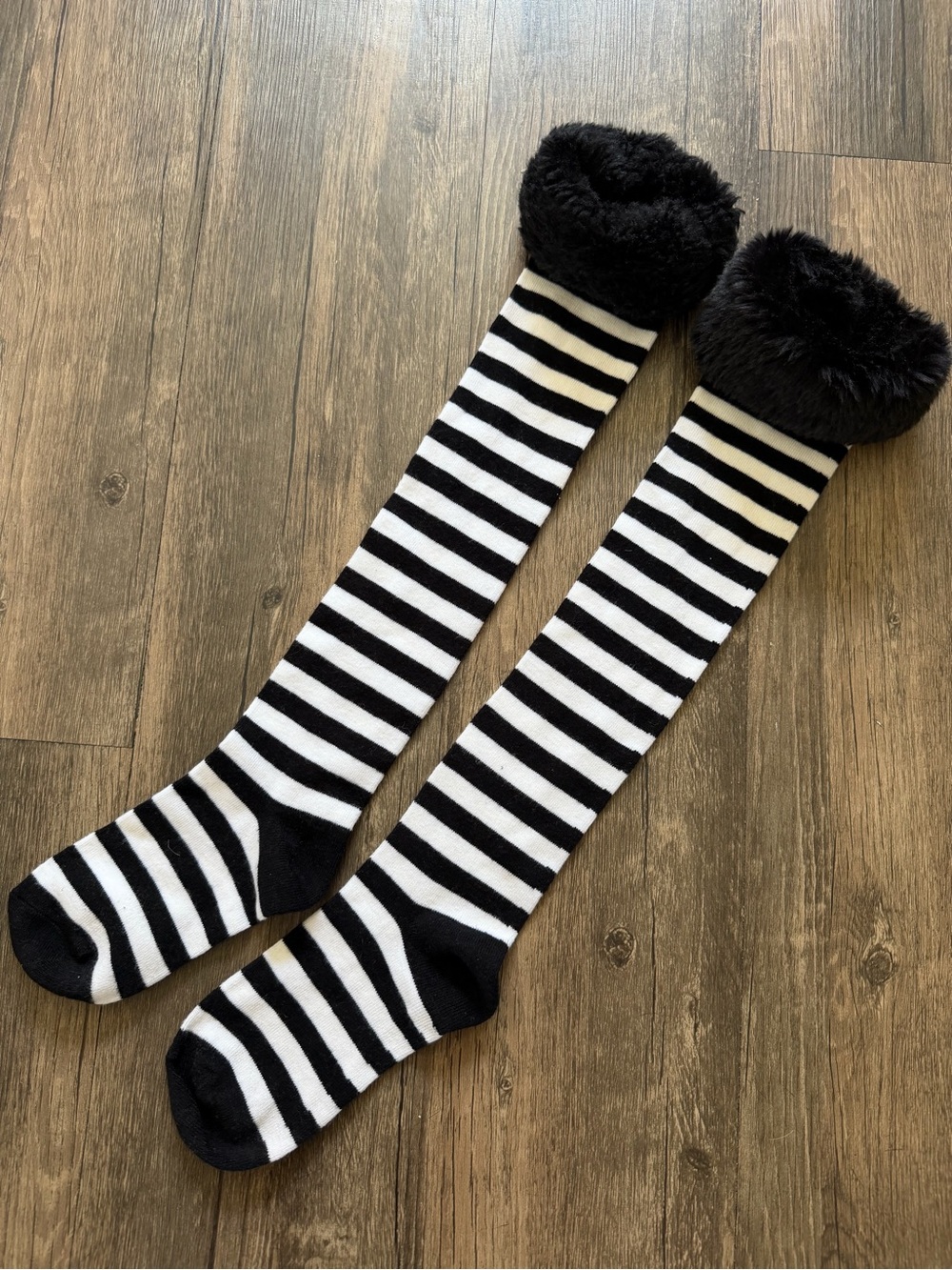 Festive Costplay Halloween Striped Black White Fuzzy-Cuff Knee-High Long Socks